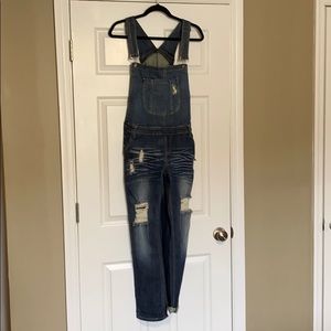 Boyfriend Cut Distressed Denim Overalls